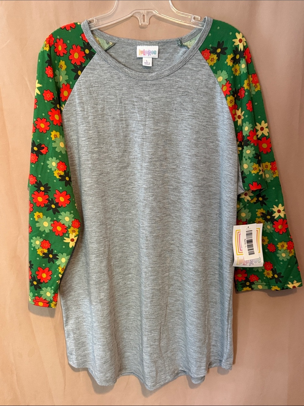 LuLaRoe Gray Tee with Green Floral Raglan Sleeves